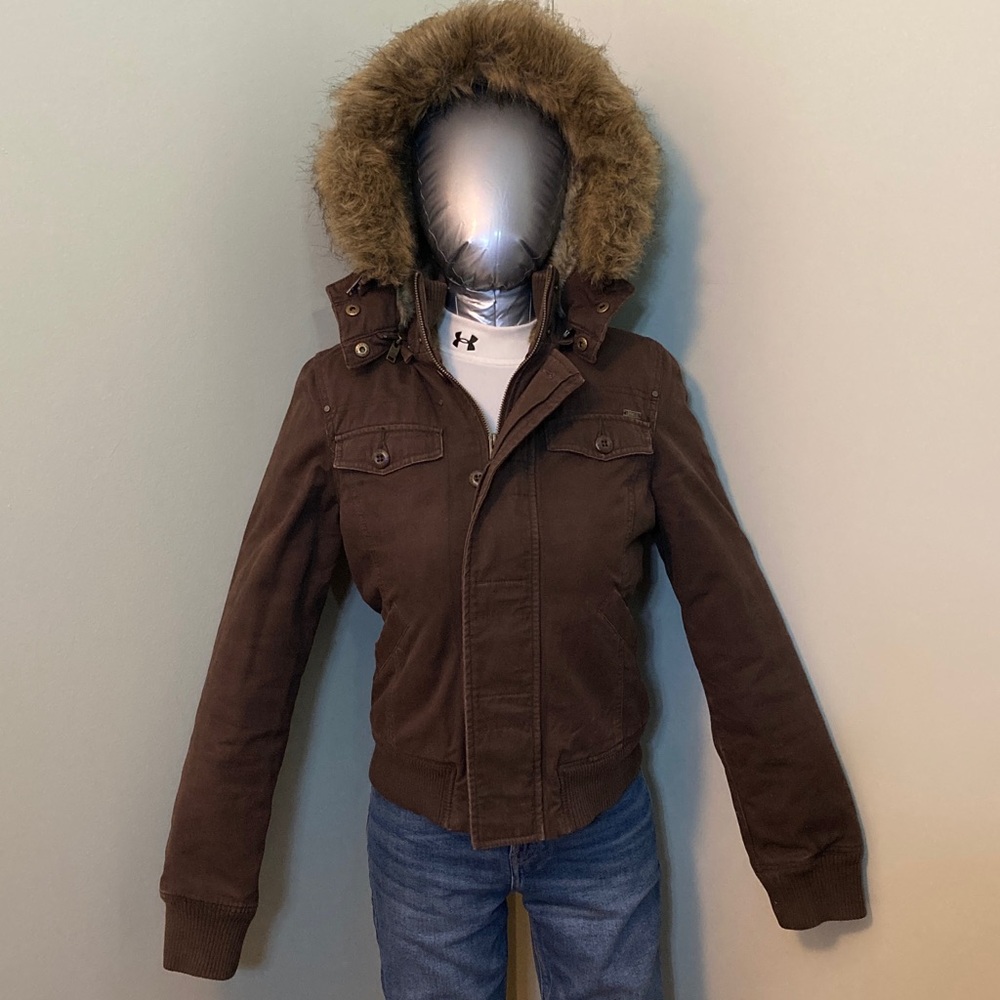TNA Brown Bomber Jacket with Faux Fur Hood
